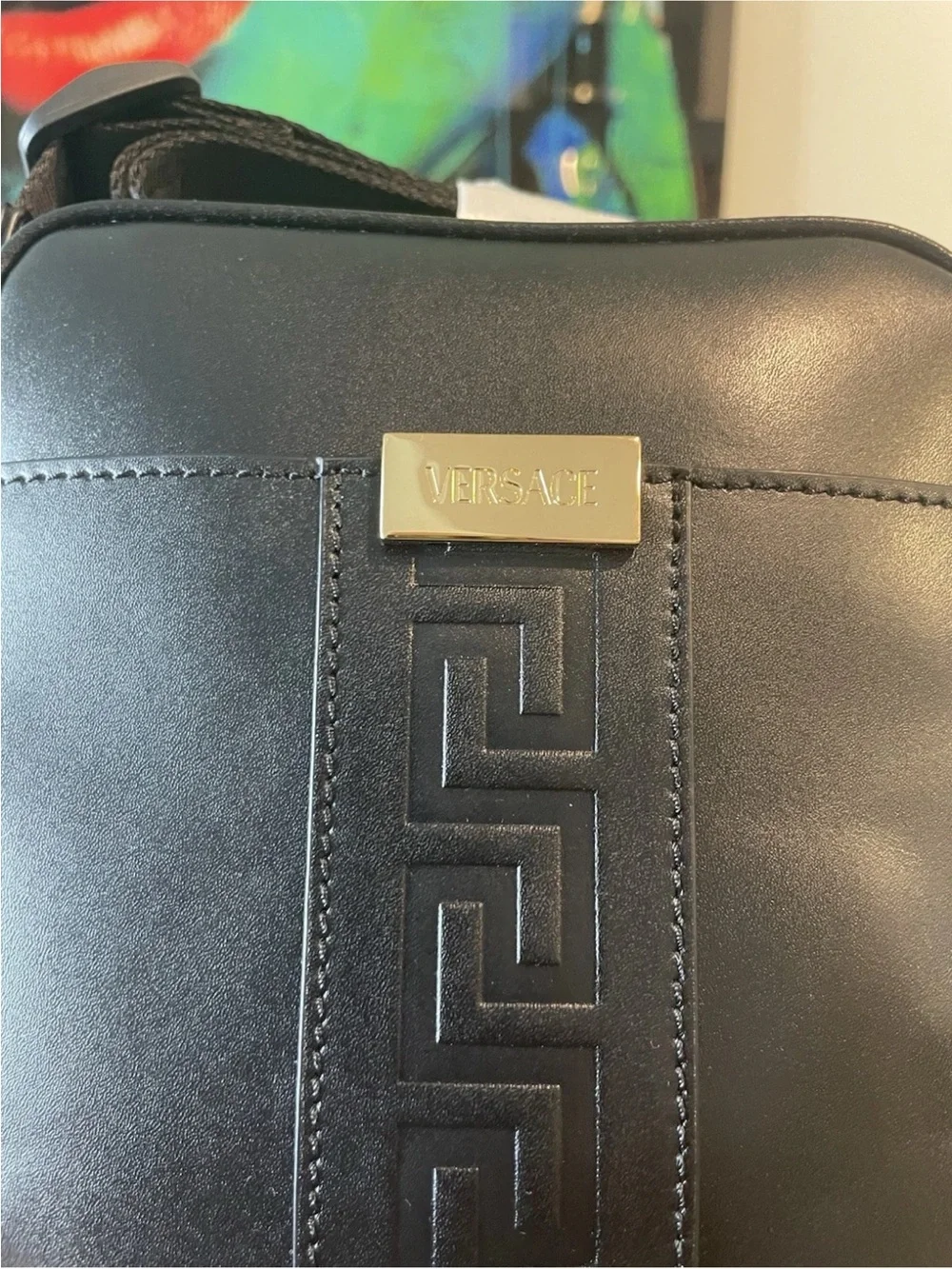 Versace Black Leather Messenger Crossbody with Gold Plaque